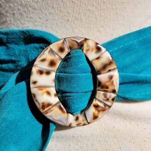 Rare Find Vintage Teal Suede Belt Tiger Cowrie Shell & Brass Buckle Boho Glam